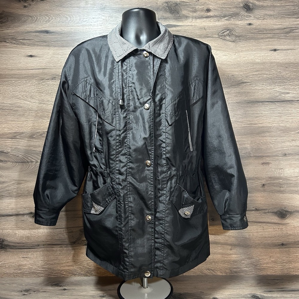 Vintage Braetan Jacket Size Small Button Checked Collar Black Lightweight Long‎